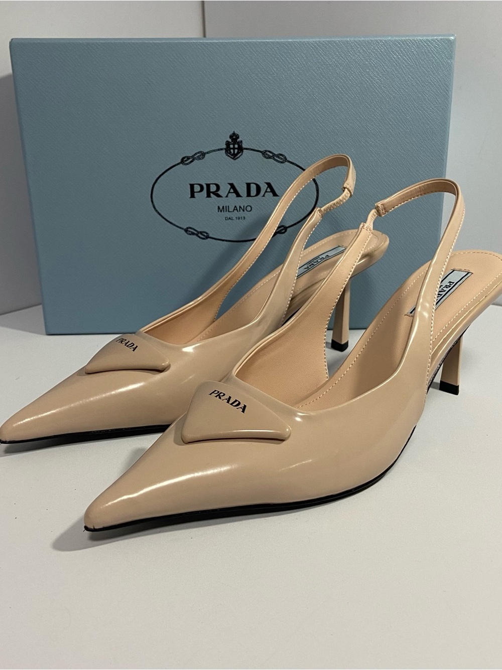 Prada Beige Patent Leather Pointed Slingback Heels